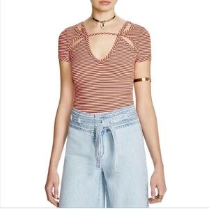 Free People Frenchie Red and White Striped Cut Out Shirt Long Torso T-Shirt M